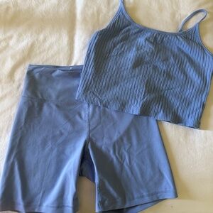 Old Navy Light Blue Athletic Set | Ribbed Bra Tank (L) + Biker Shorts (M)